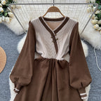 Vintage Knot Button Knit Patchwork Dress