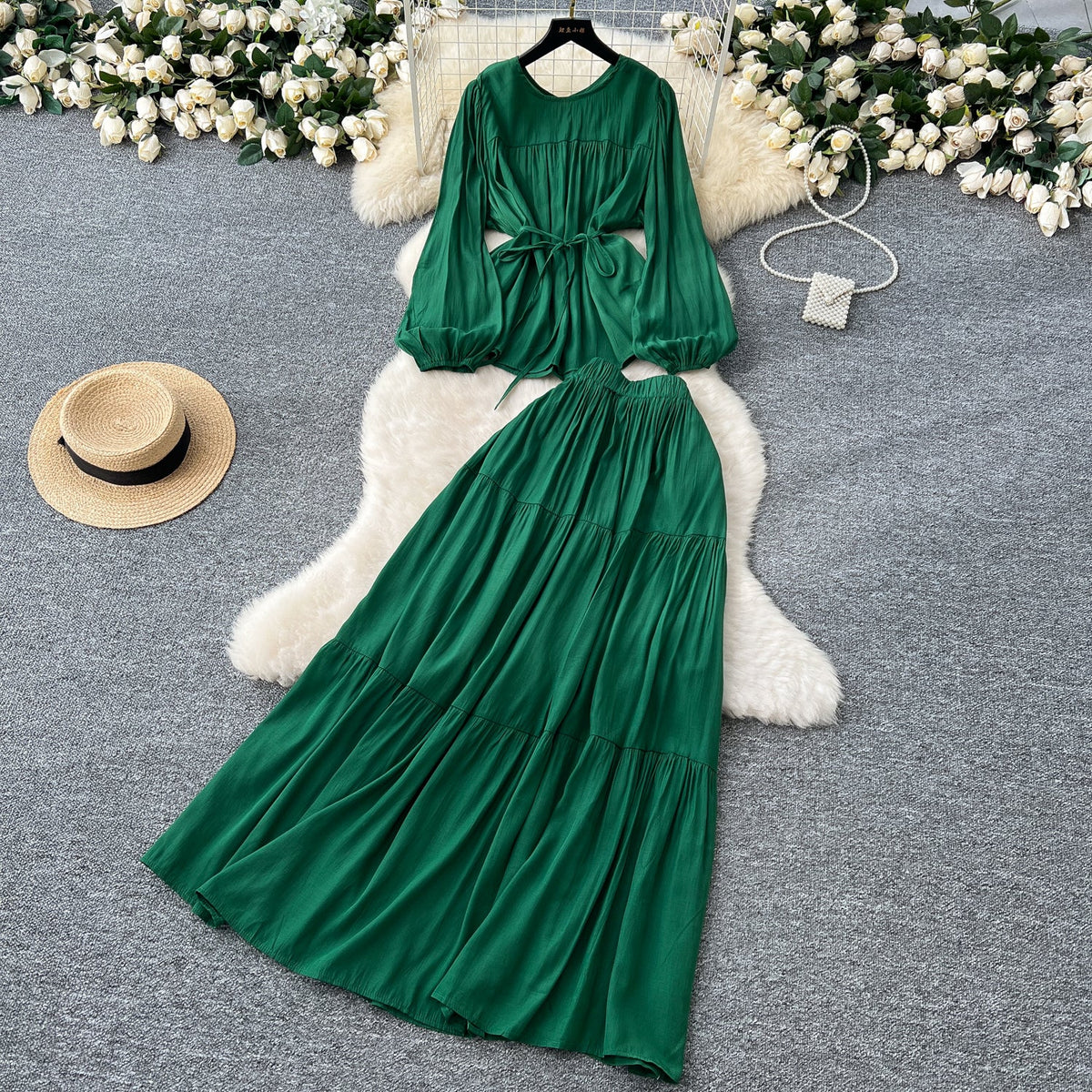 Lace-up Top & Draped Skirt 2Pcs