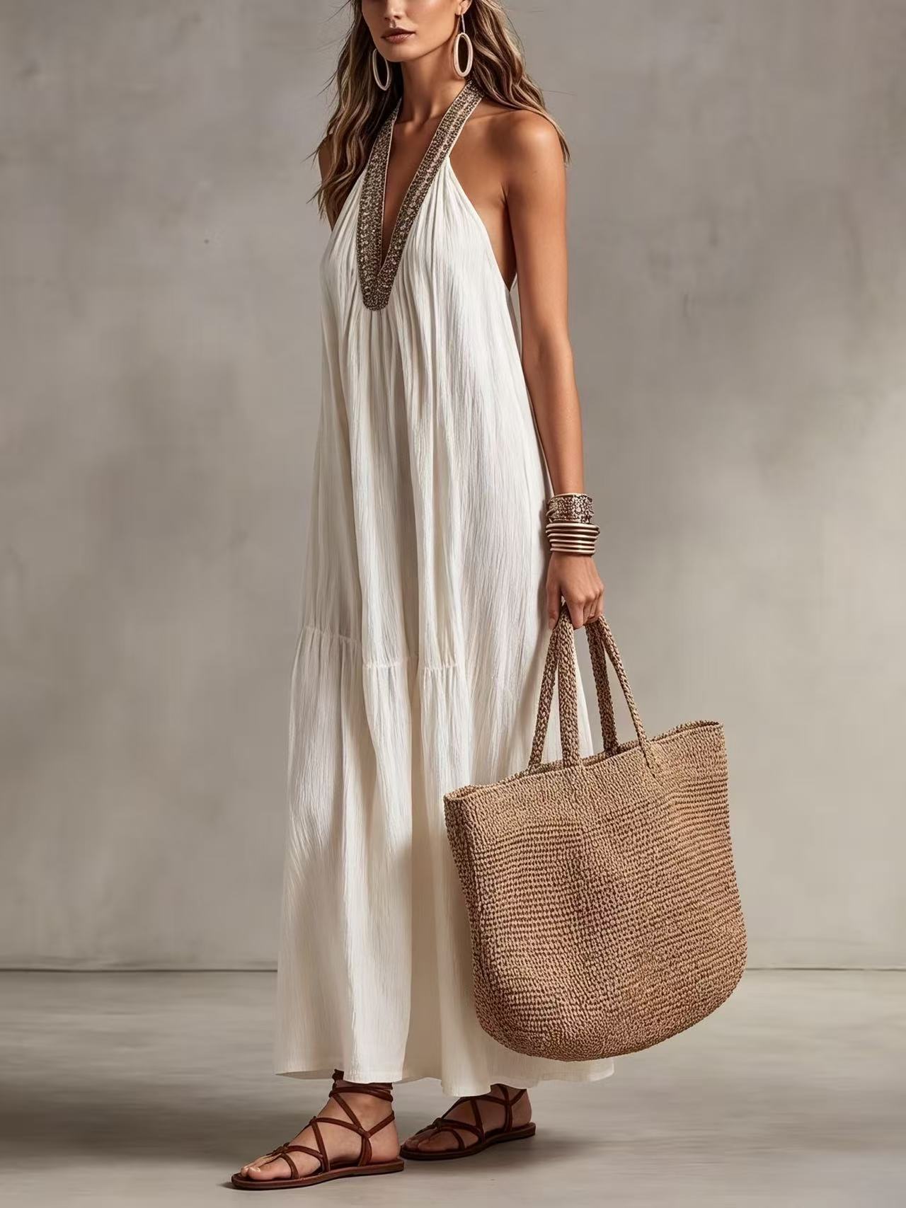 Beaded Halter V Neck Loose Maxi Kaftan Dress