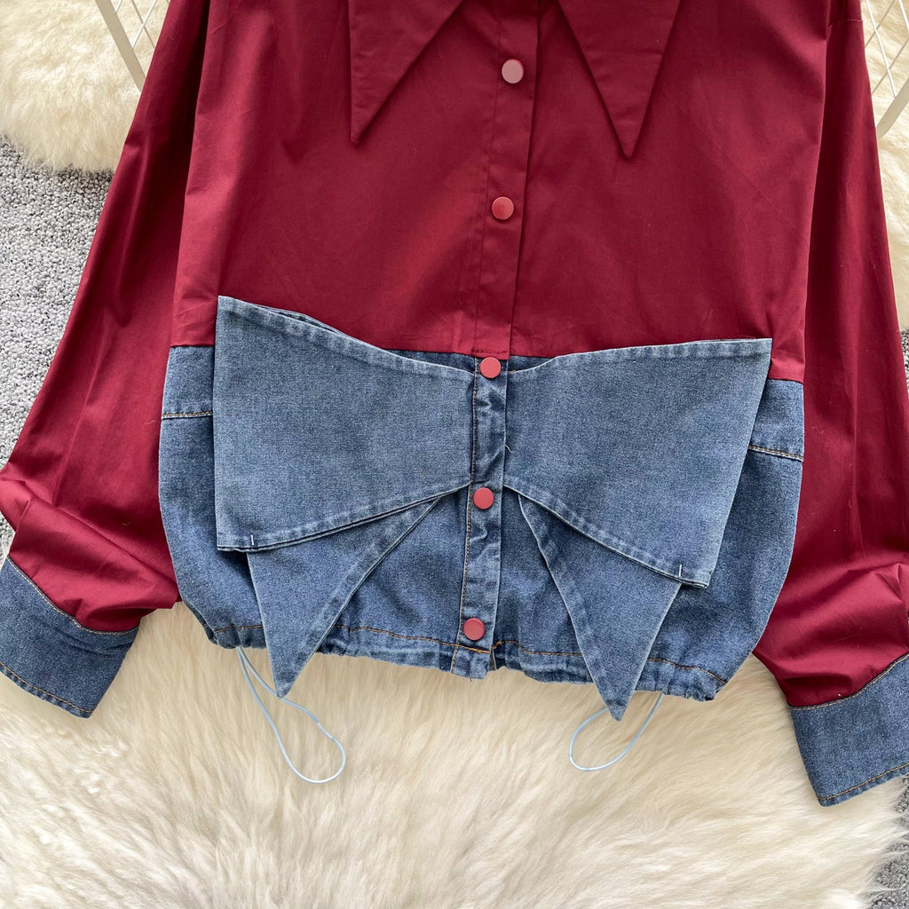 Niche Bow Denim Patchwork Shirt