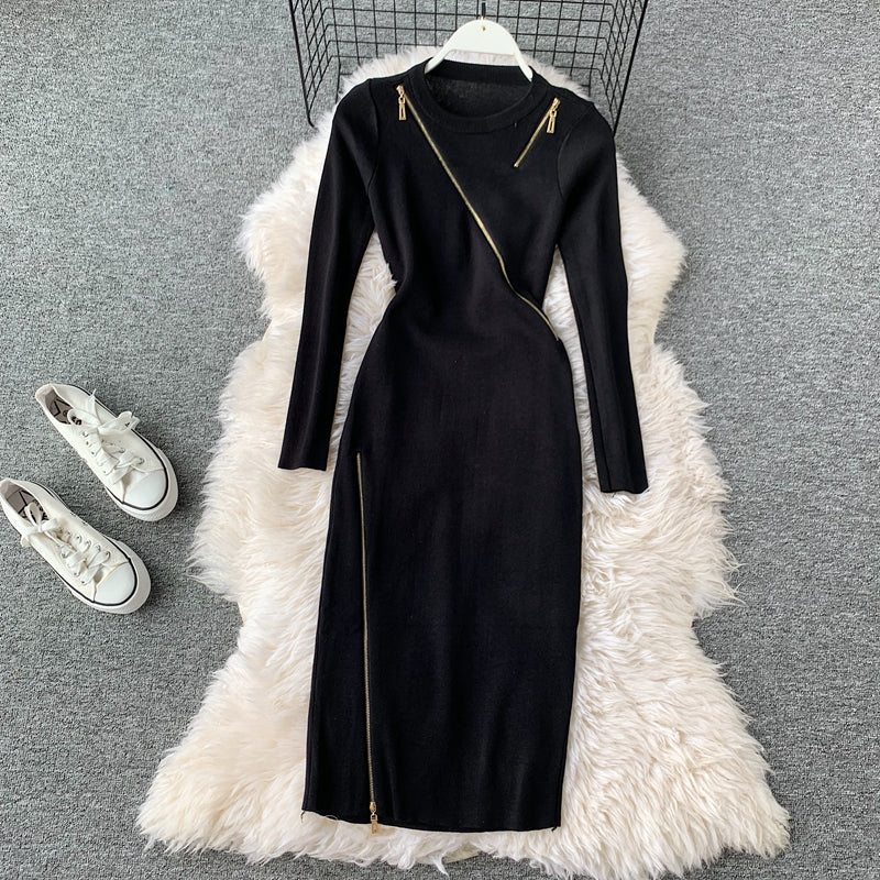 Niche Zipped Patchwork Knitted Dress