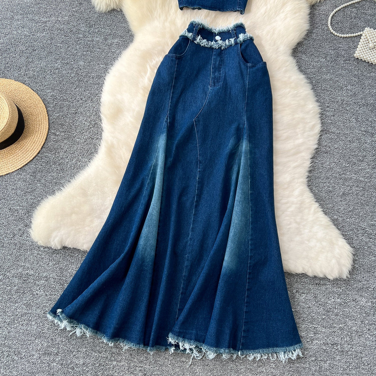 Tank Top & Fringed Skirt Denim 2Pcs
