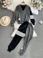 V-neck Cardigan&Drawstring Trousers 2Pcs