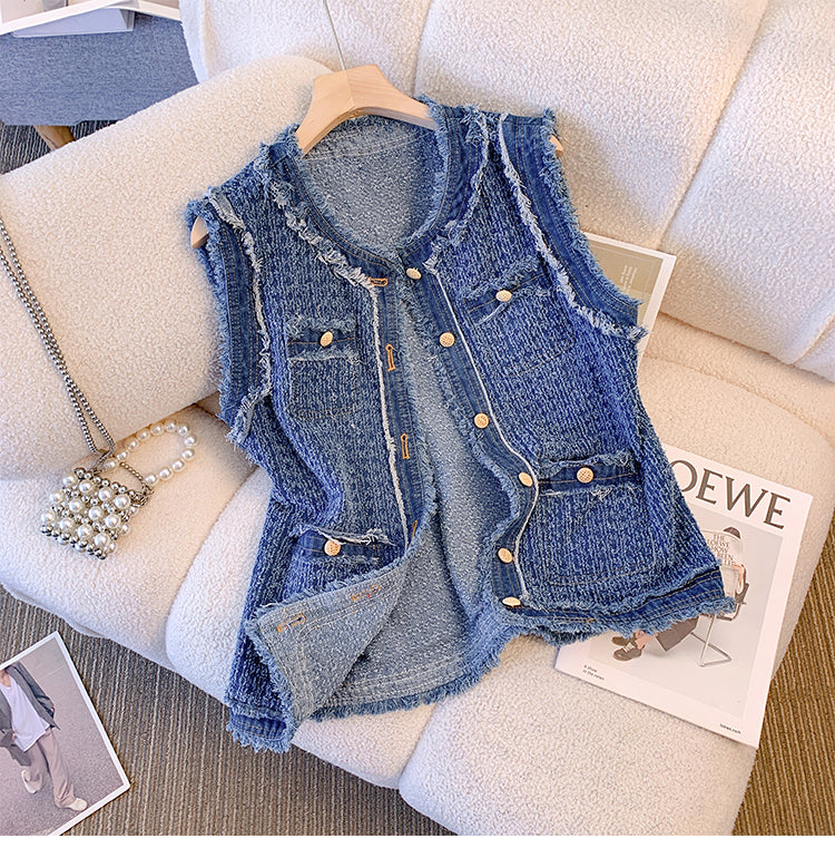 Niche Furry Denim Sleeveless Jacket