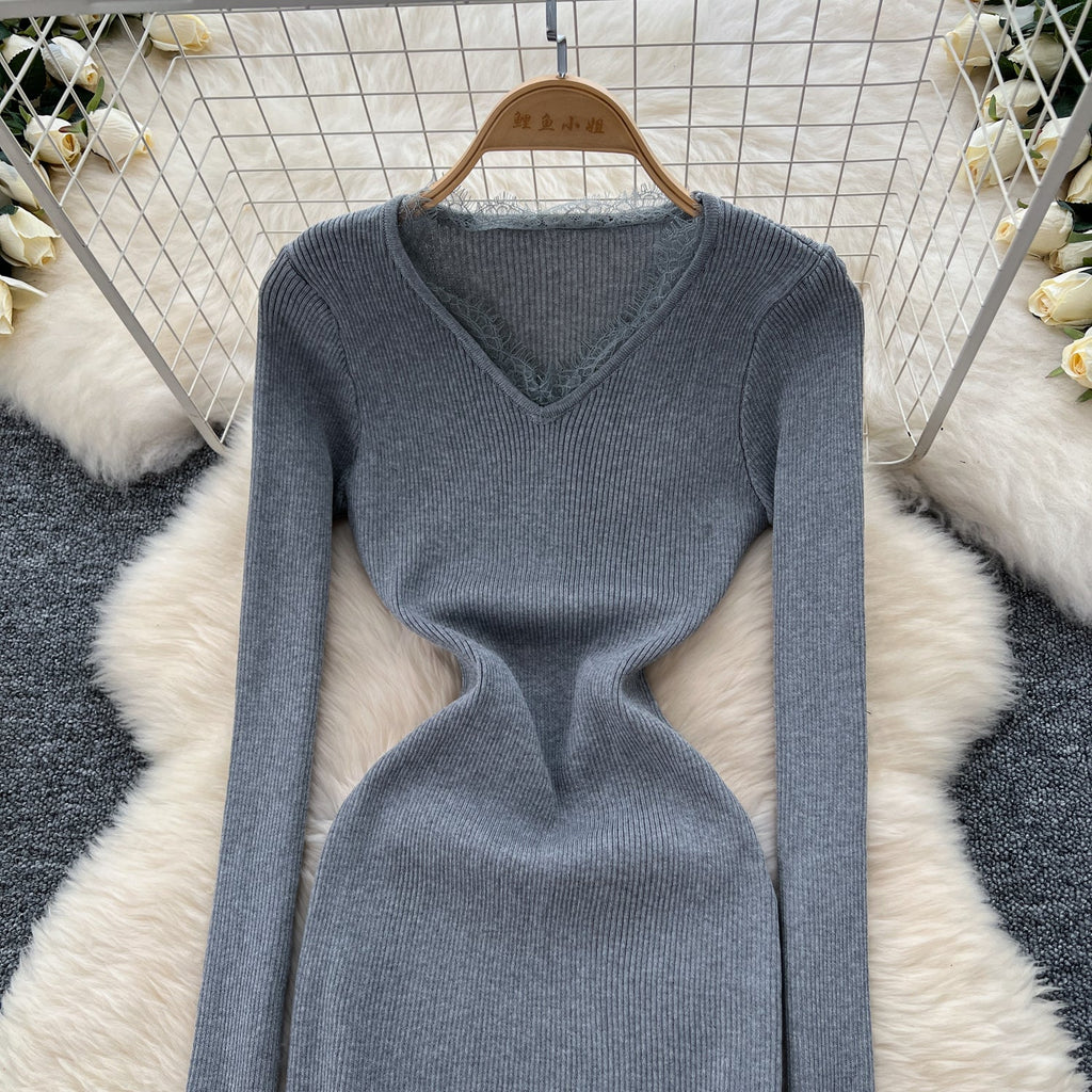 V-neck Stretchy Bodycon Knitted Dress