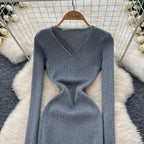 V-neck Stretchy Bodycon Knitted Dress