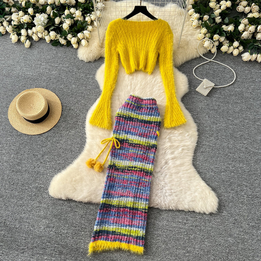 Sweater&Rainbow Striped Skirt 2Pcs