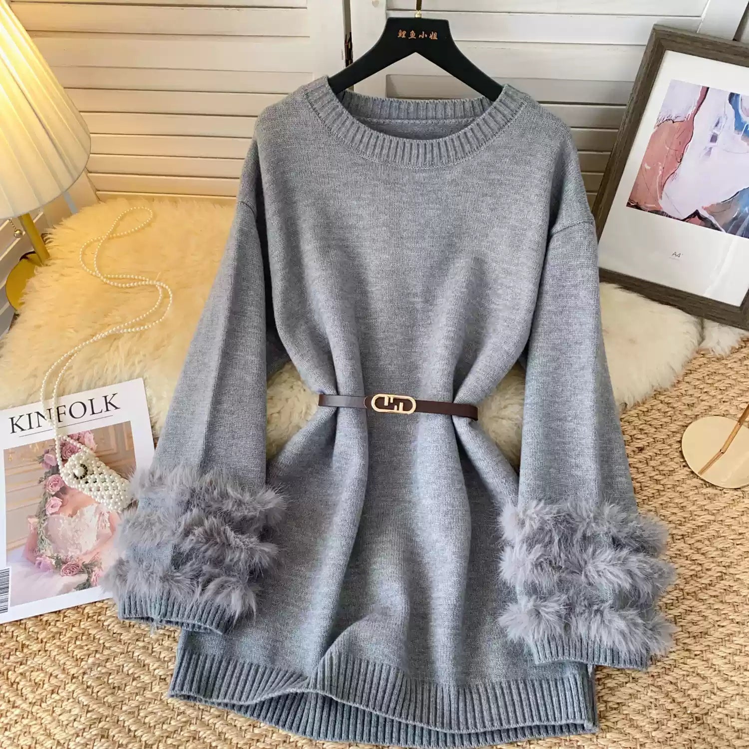 Vintage Furry Cuff Patchwork Sweater