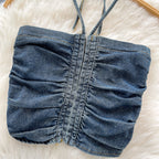 Vintage Denim Pleated Halter Top
