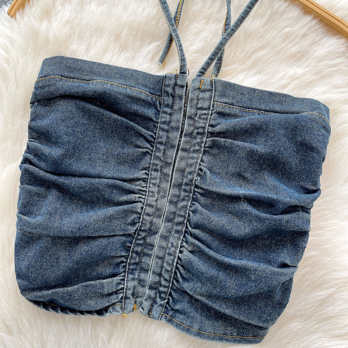 Vintage Denim Pleated Halter Top