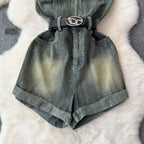 Chic Off-shoulder Sequined Denim Romper