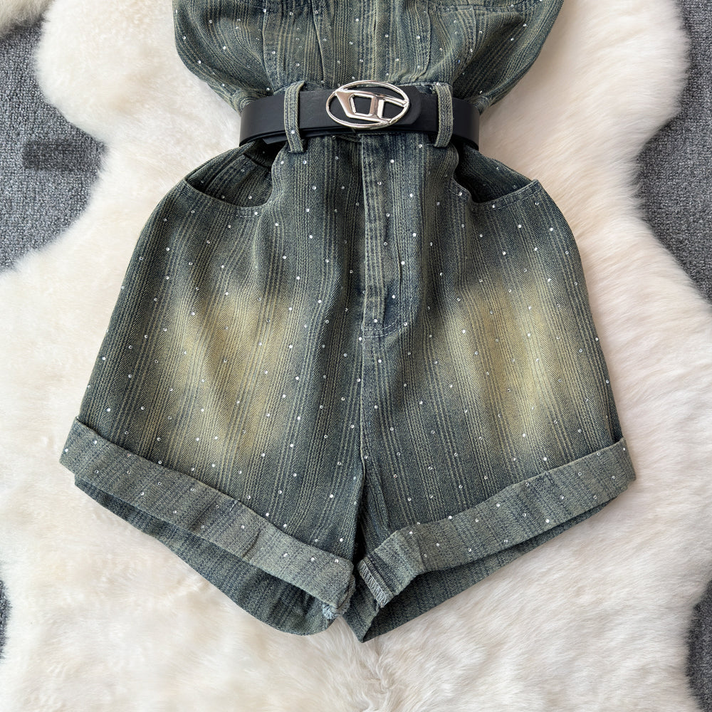 Chic Off-shoulder Sequined Denim Romper