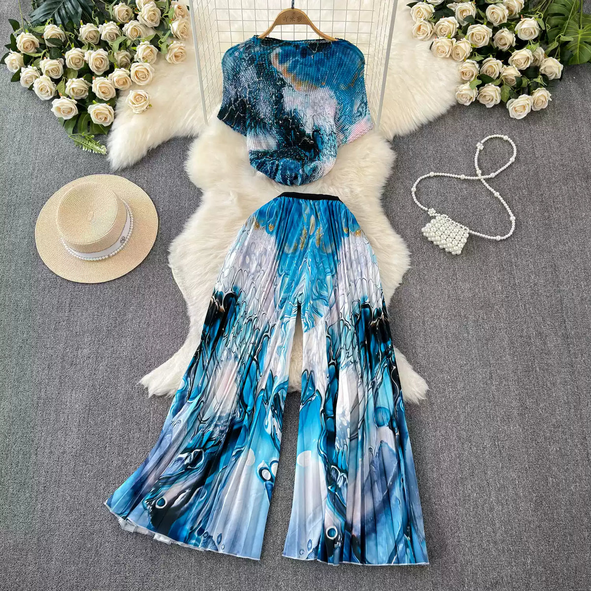 Chiffon T-shirt & Wide-leg Trousers 2Pcs