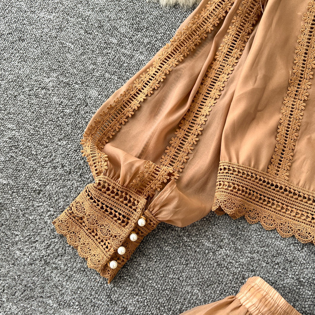 V-neck Shirt&Skirt Lace Patchwork 2Pcs