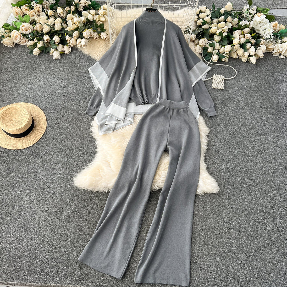 Shawl&Sweater&Trousers Casual 3Pcs