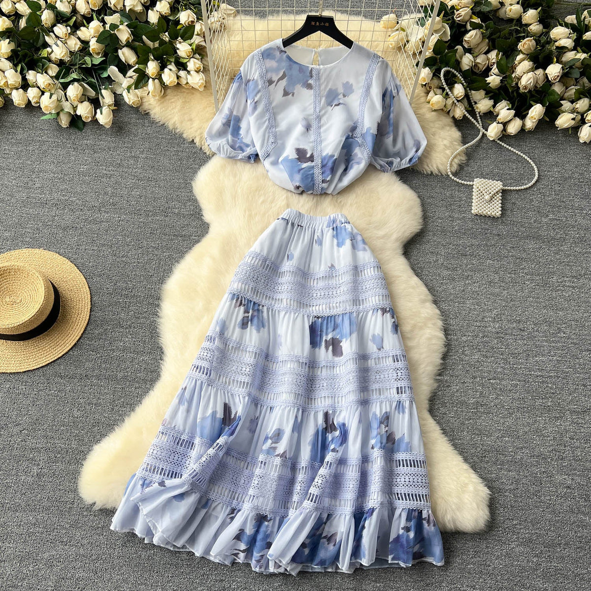 Top&Half-body Skirt Floral 2Pcs