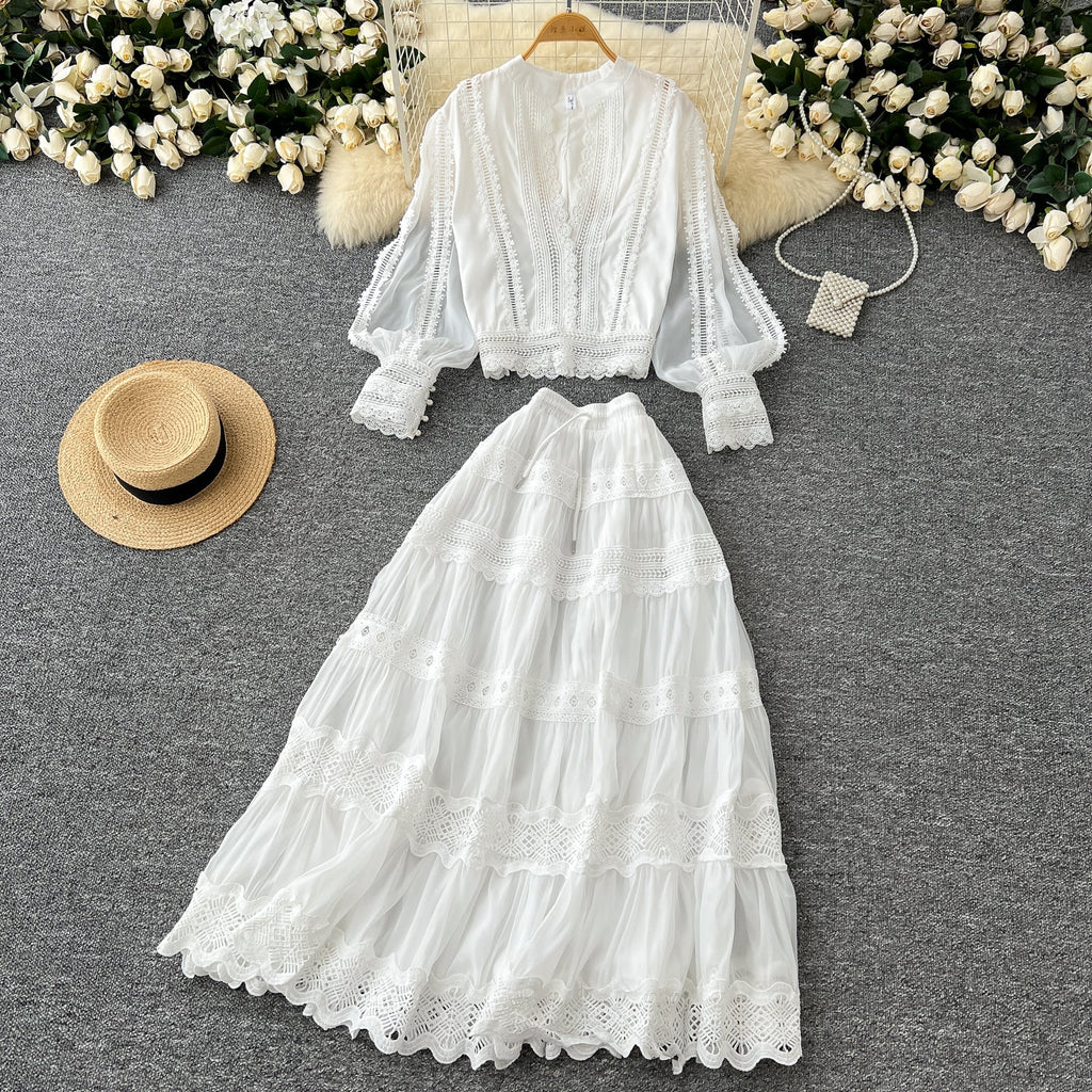 V-neck Shirt&Skirt Lace Patchwork 2Pcs