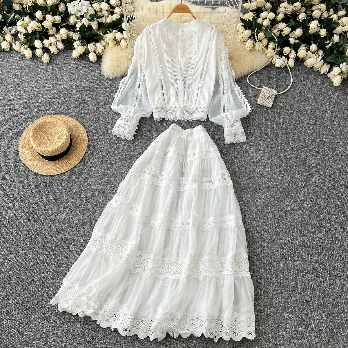 V-neck Shirt&Skirt Lace Patchwork 2Pcs