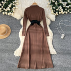 Niche Knitted Dress with PU Waistband