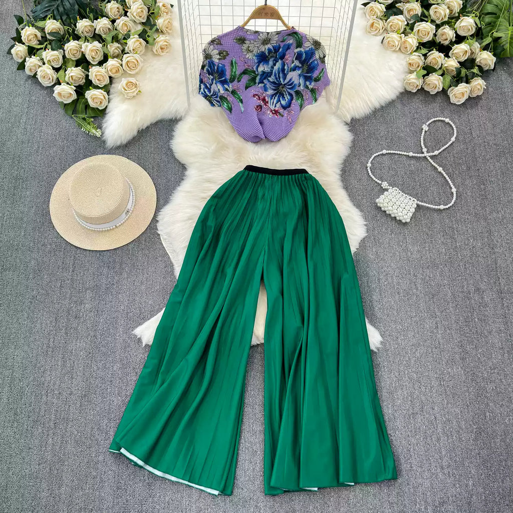 Chiffon T-shirt & Wide-leg Trousers 2Pcs