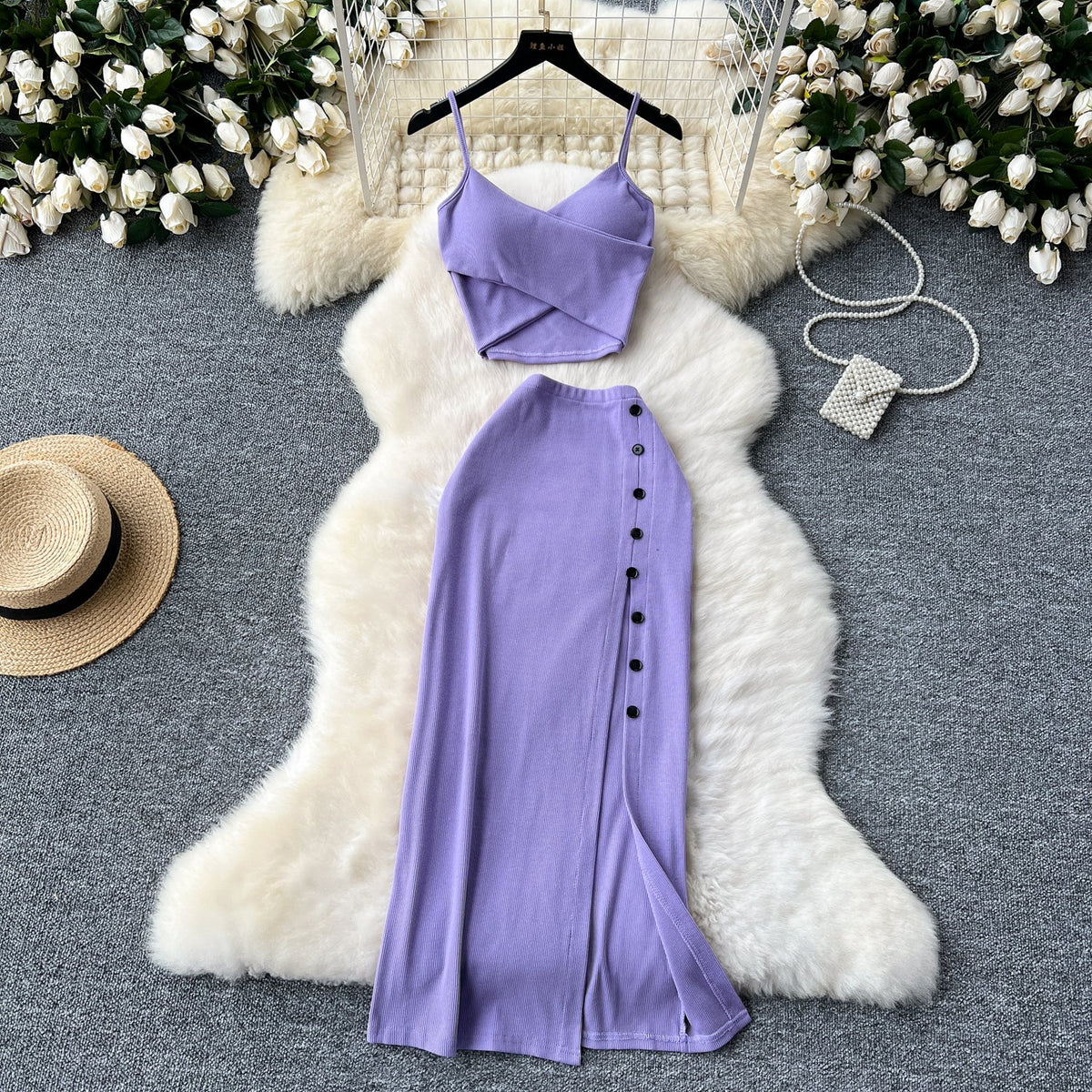 V-neck Camisole&Split Skirt Knitted 2Pcs