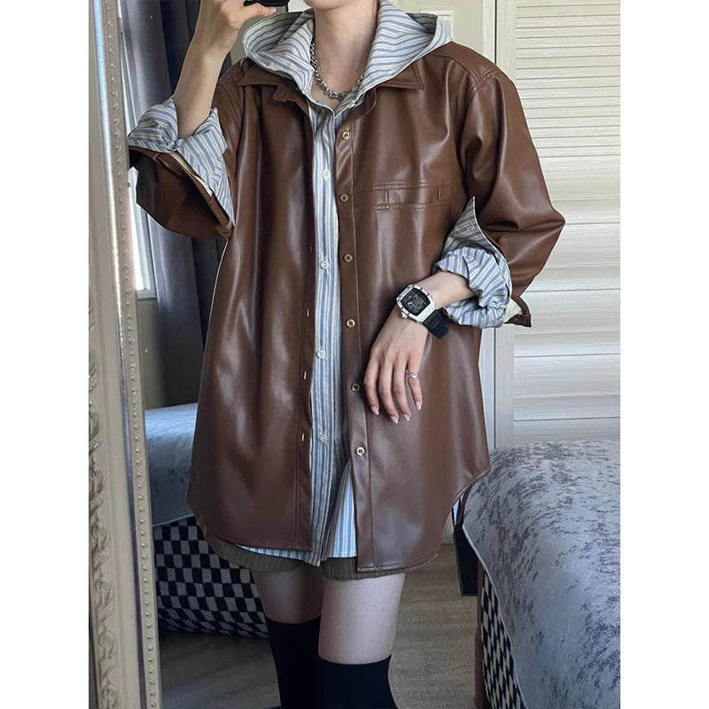 Vintage Patchwork Brown PU Jacket