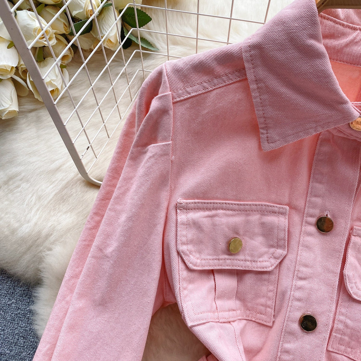 Vintage Candy Color Denim Shirt Dress