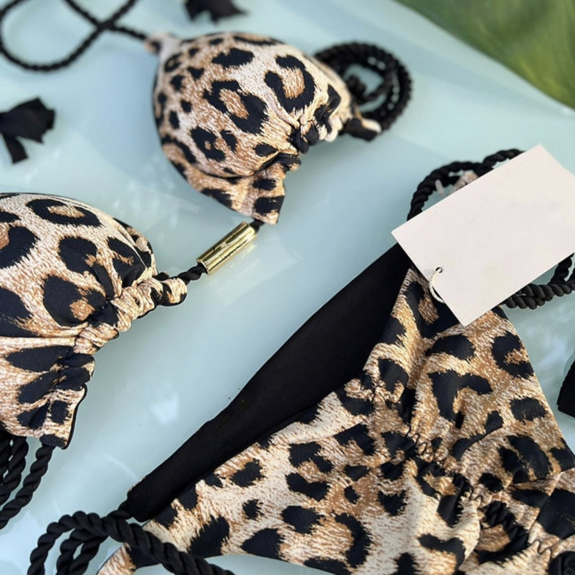 Low Waist Braided Rope Leopard Print Swimwear