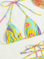 Neck Tie Striped Printed Mesh Three-piece Bikini