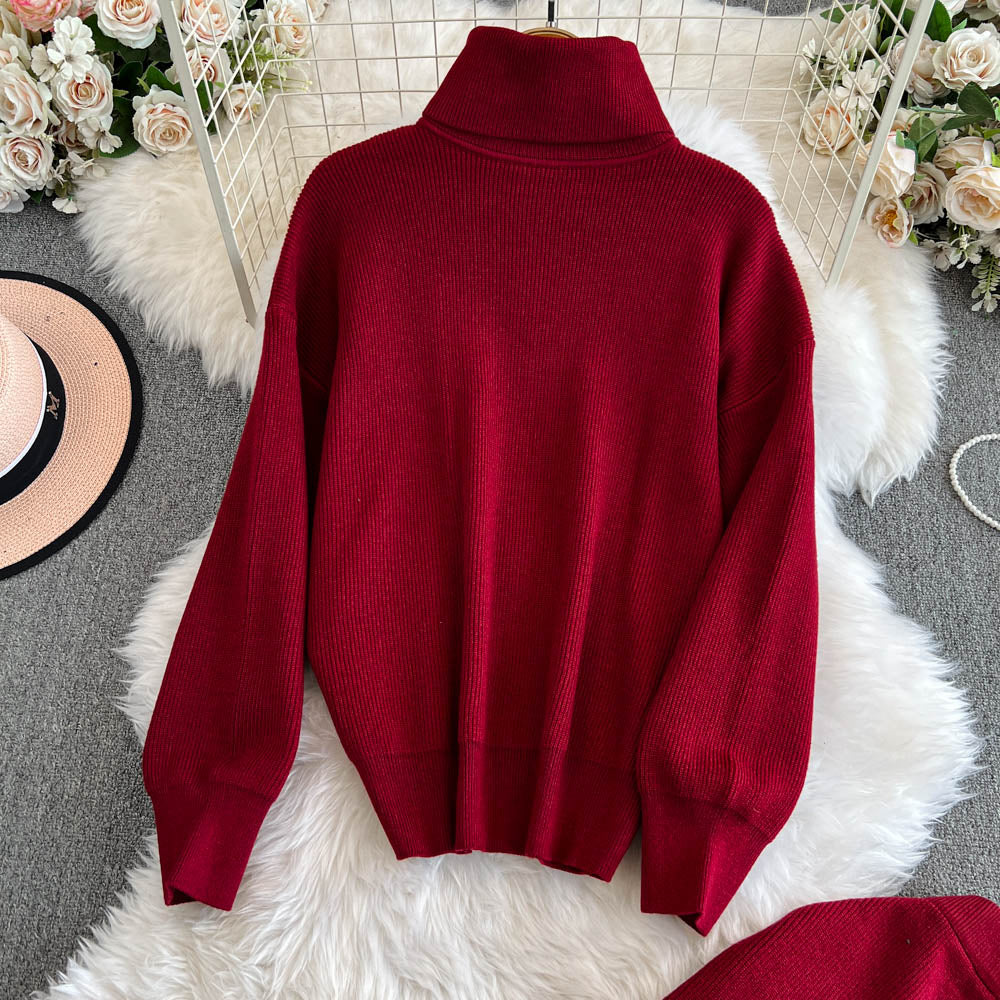 Turtleneck Sweater&Split Skirt 2Pcs