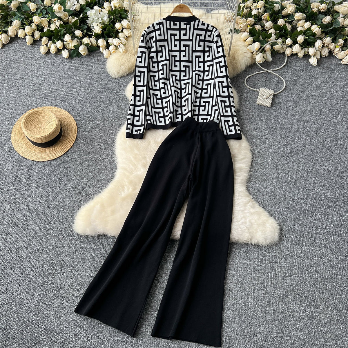 Maze Pattern Cardigan&Camisole&Trousers 3Pcs