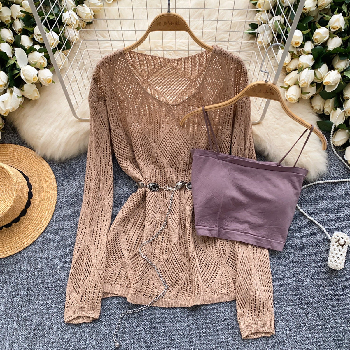 Hollowed Crochet Sweater&Camisole 2Pcs