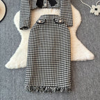Bow Cardigan&Skirt Houndstooth 2Pcs