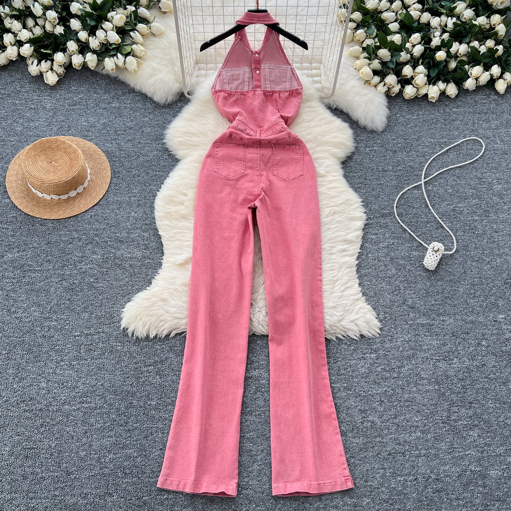 Backless Halter Denim Jumpsuit