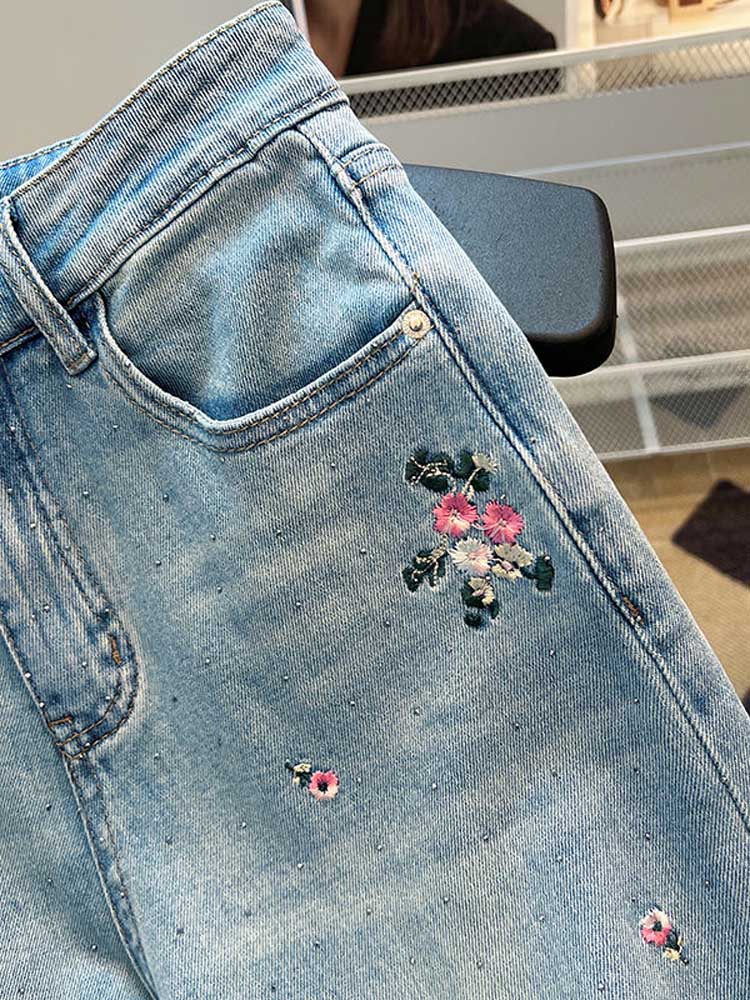 Rhinestone Studded Flower Embroidered Jeans
