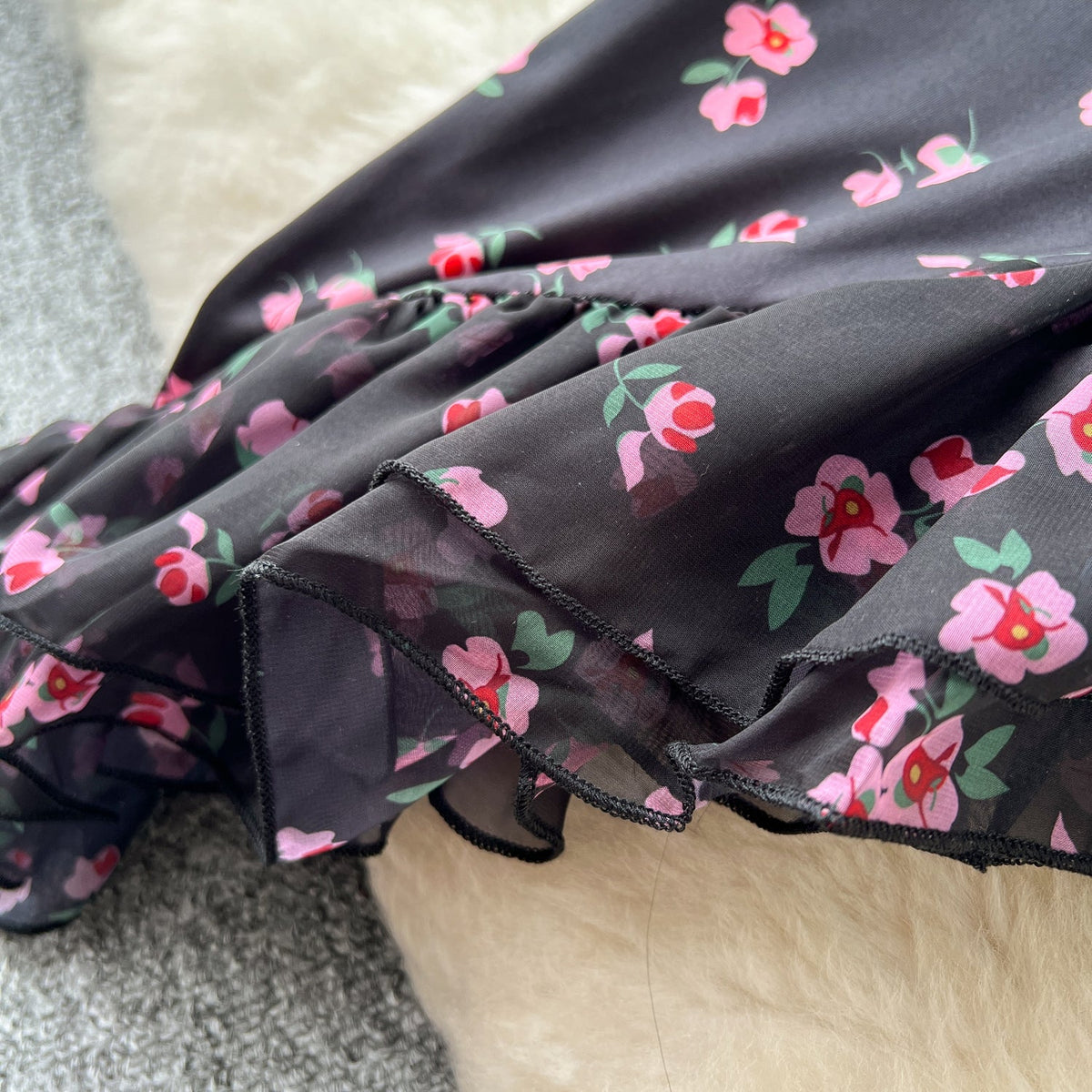 Asymmetric Mesh Floral Black Dress