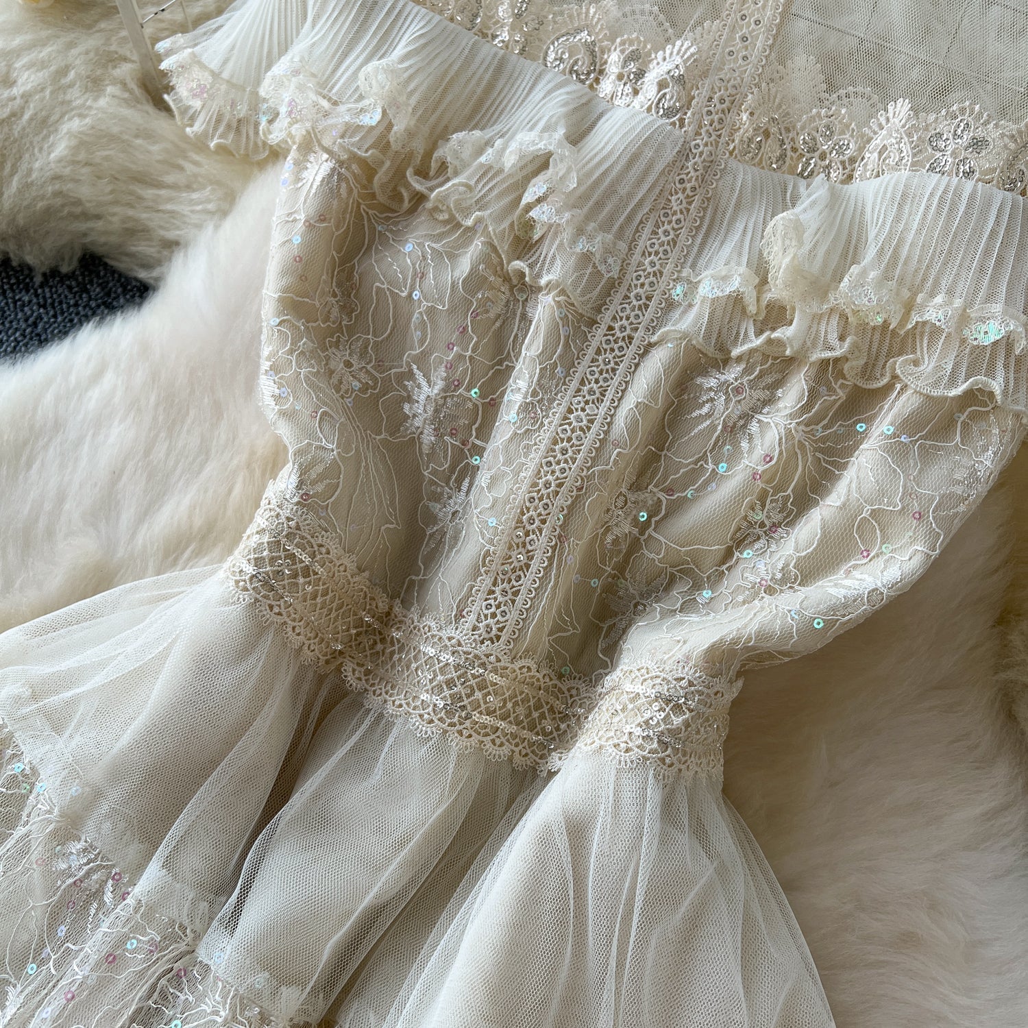 Delicate Sequined Lace Patchwork Dress