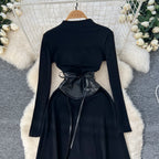 Niche Knitted Dress with PU Waistband
