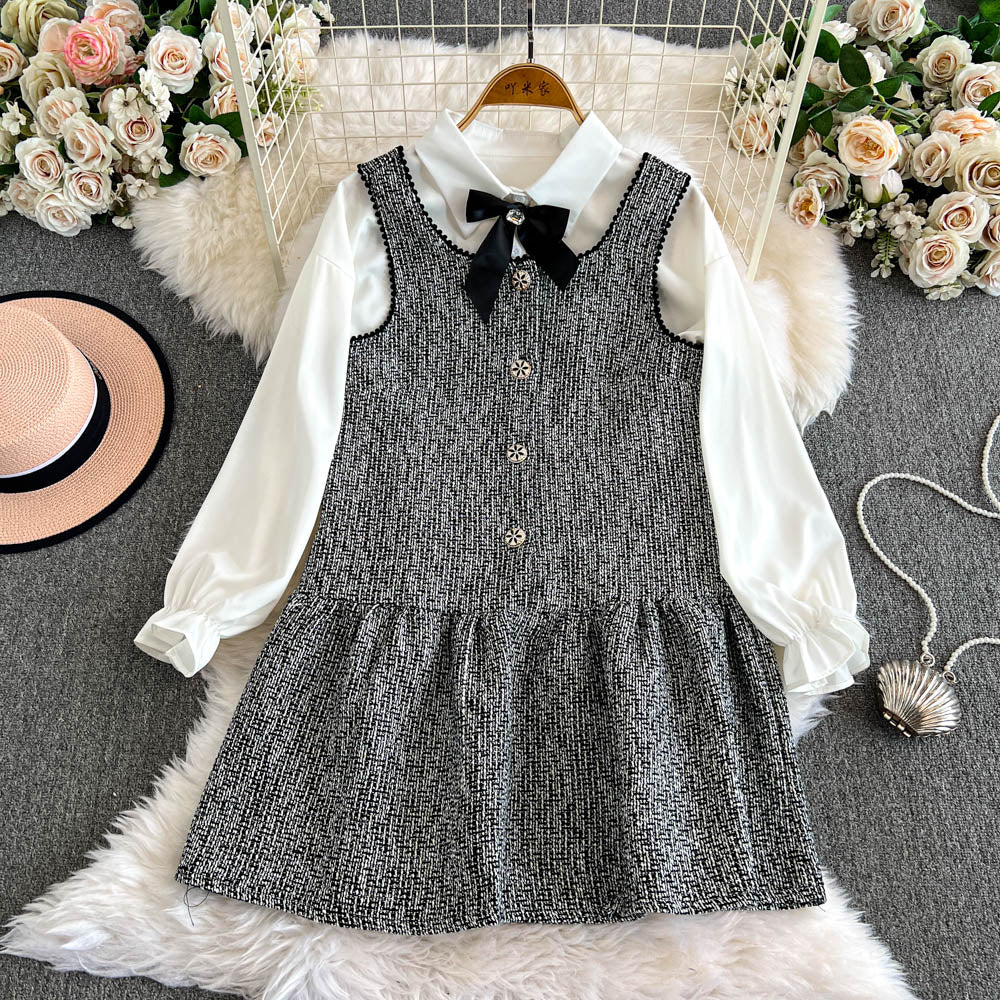 Sequined Tweed Dress&Bottoming Shirt 2Pcs