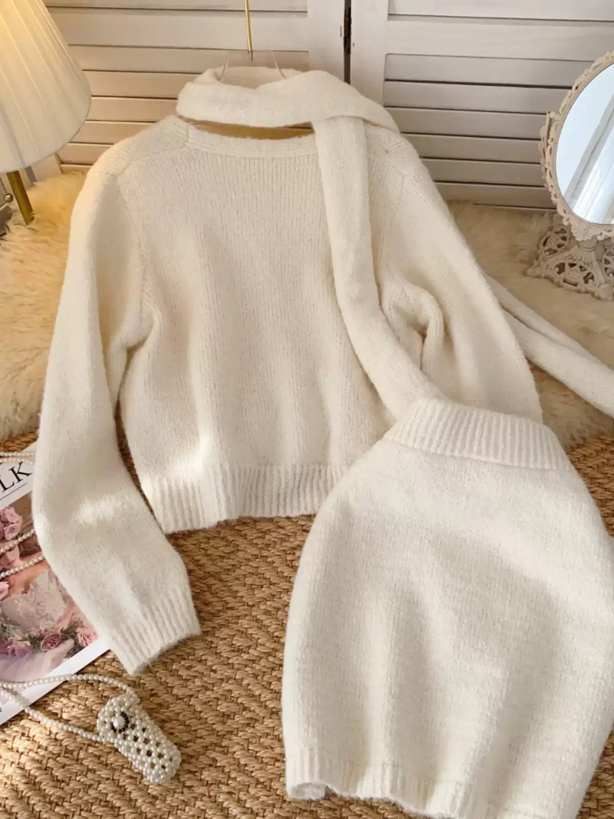 Cardigan&Skirt&Scarf Soft Knitted 3Pcs