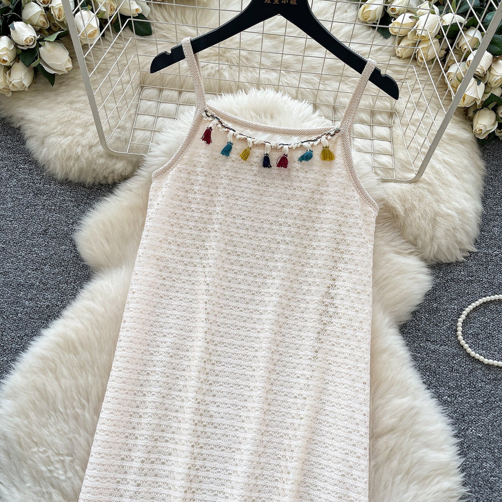 Bohemian Style Hollowed Fringed Slip Dress