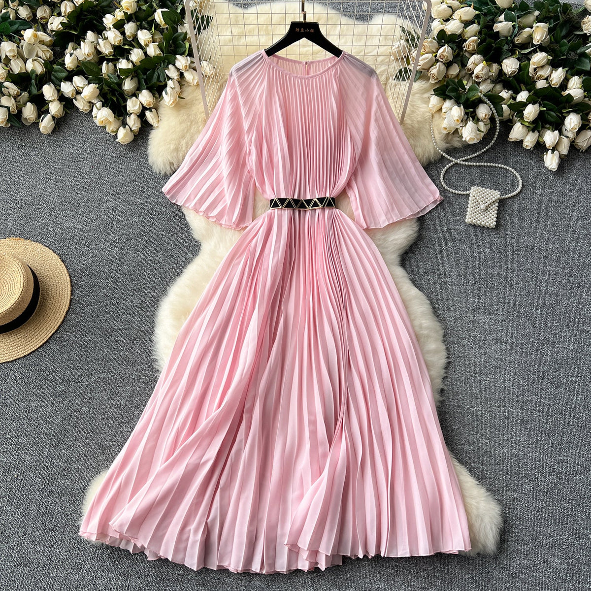 Vintage Solid Color Pleated Dress