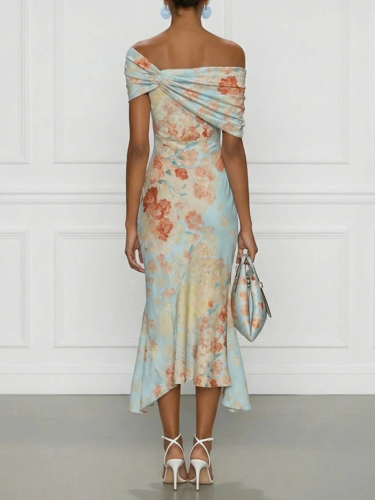 Floral Print Off‑Shoulder Midi Dress Women Twisted Knot Fishtail Satin Party Dress
