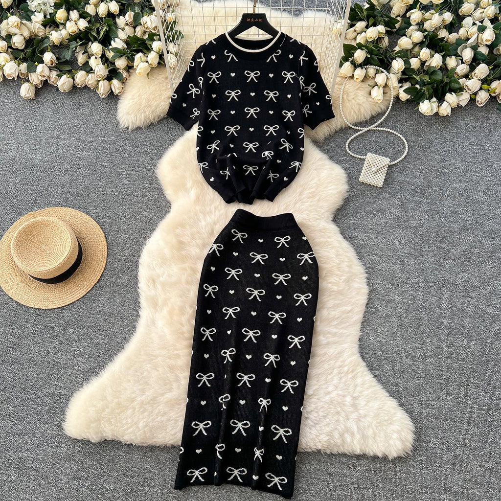 Bow Knitwear & Hip-wrapping Skirt 2Pcs