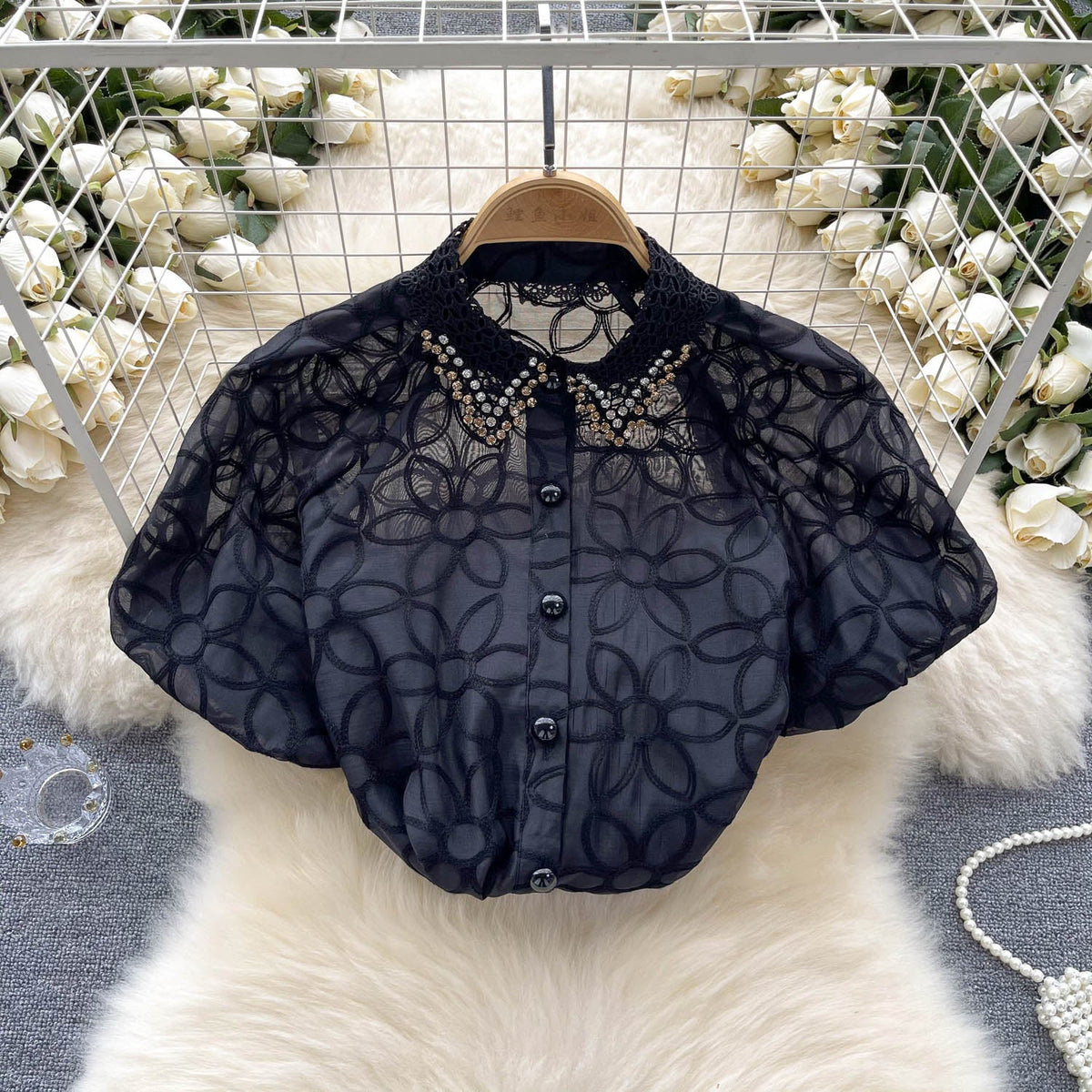 Niche Beaded Hollowed Mesh Blouse