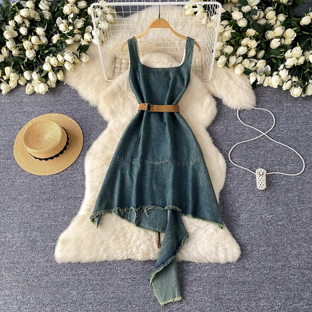 Chic Asymmetric Denim Slip Dress