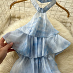 Tie-dye Blue Halter Top & Skirt 2Pcs