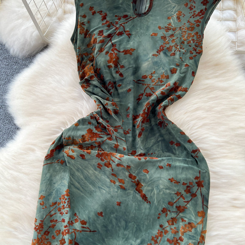 Vintage Tie-dye Floral Hollowed Cheongsam