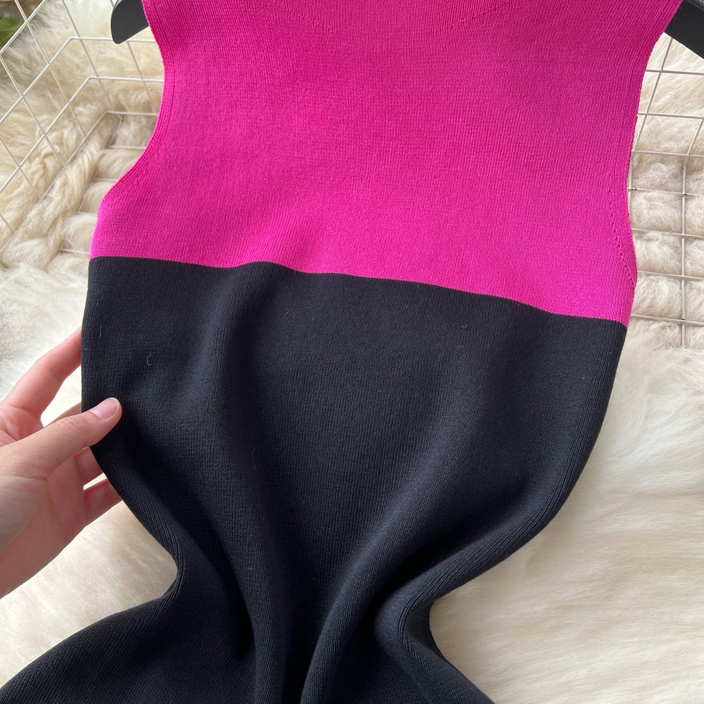 Color Blocking Black Knitted Dress