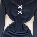 Lace Patchwork Drawstring Black Dress